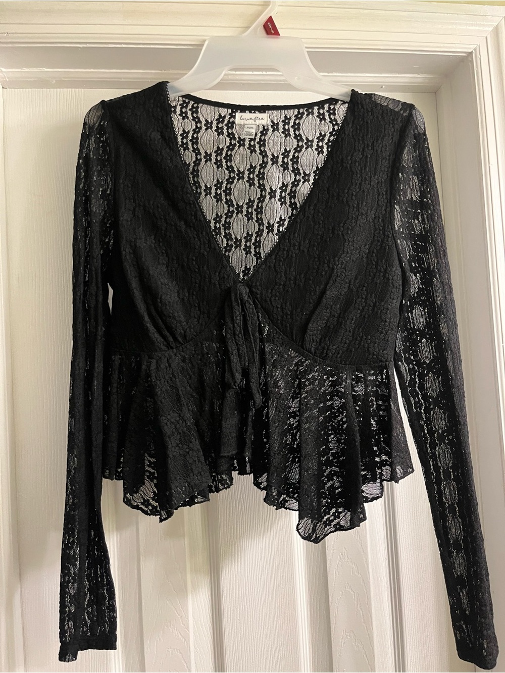 Black Lace Tie-Front Peplum Long Sleeve Top